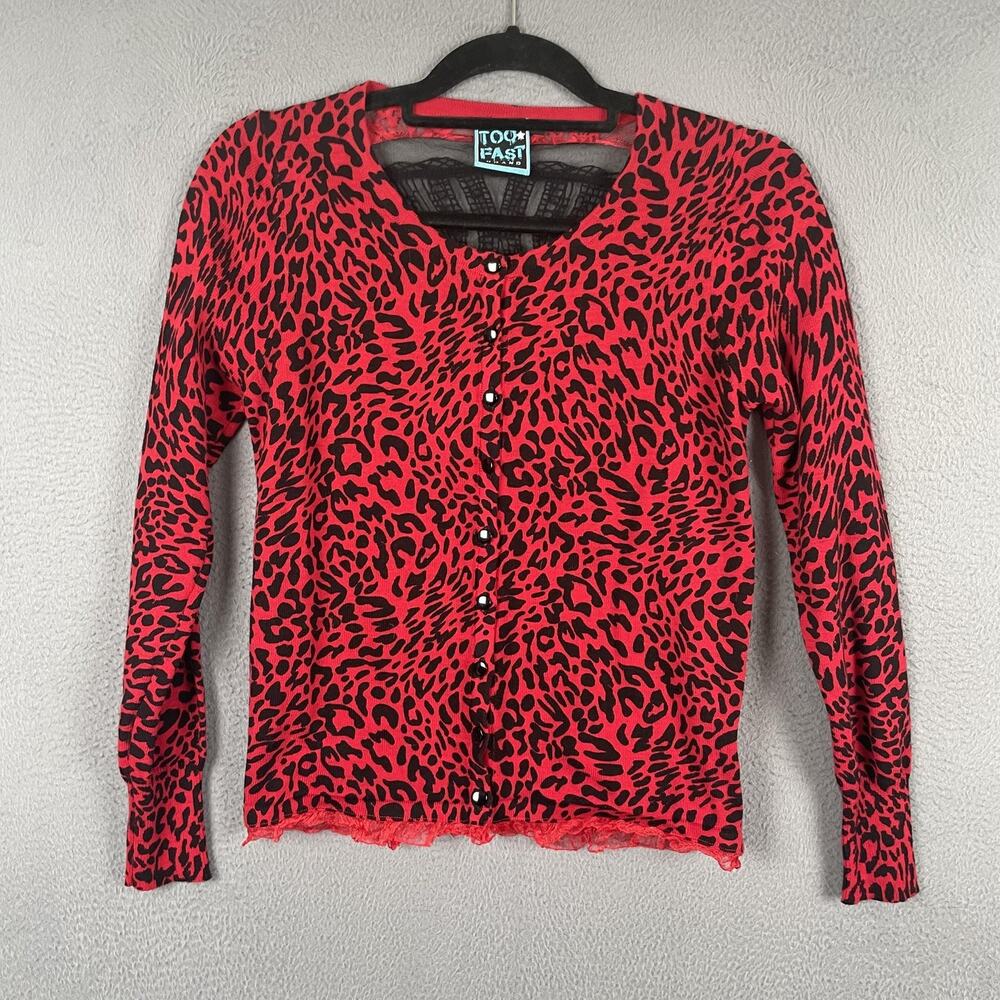Too Fast Sweater Cardigan Womens Small Red Lace Skull Sheer Animal Print